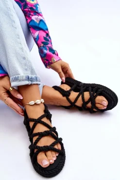 Boto Sandały Płaskie*Damskie Modne Plecione Sandały Czarne Tiffanie