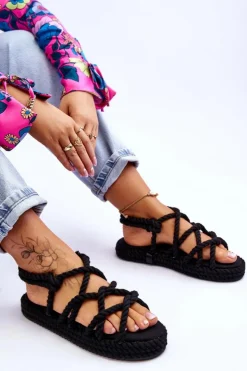 Boto Sandały Płaskie*Damskie Modne Plecione Sandały Czarne Tiffanie