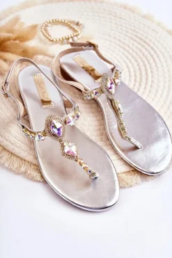 Boto Sandały Płaskie*Damskie Modne Sandały Japonki Z Ozdobnymi Dżetami Srebrne Bellia