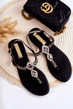 Damskie Boto Damskie Modne Sandały Japonki Z Ozdobnymi Dżetami Czarne Bellia