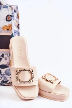 Discount Damskie buty S.Barski Damskie Modne Skórzane Klapki Beżowe Adaline Beżowy