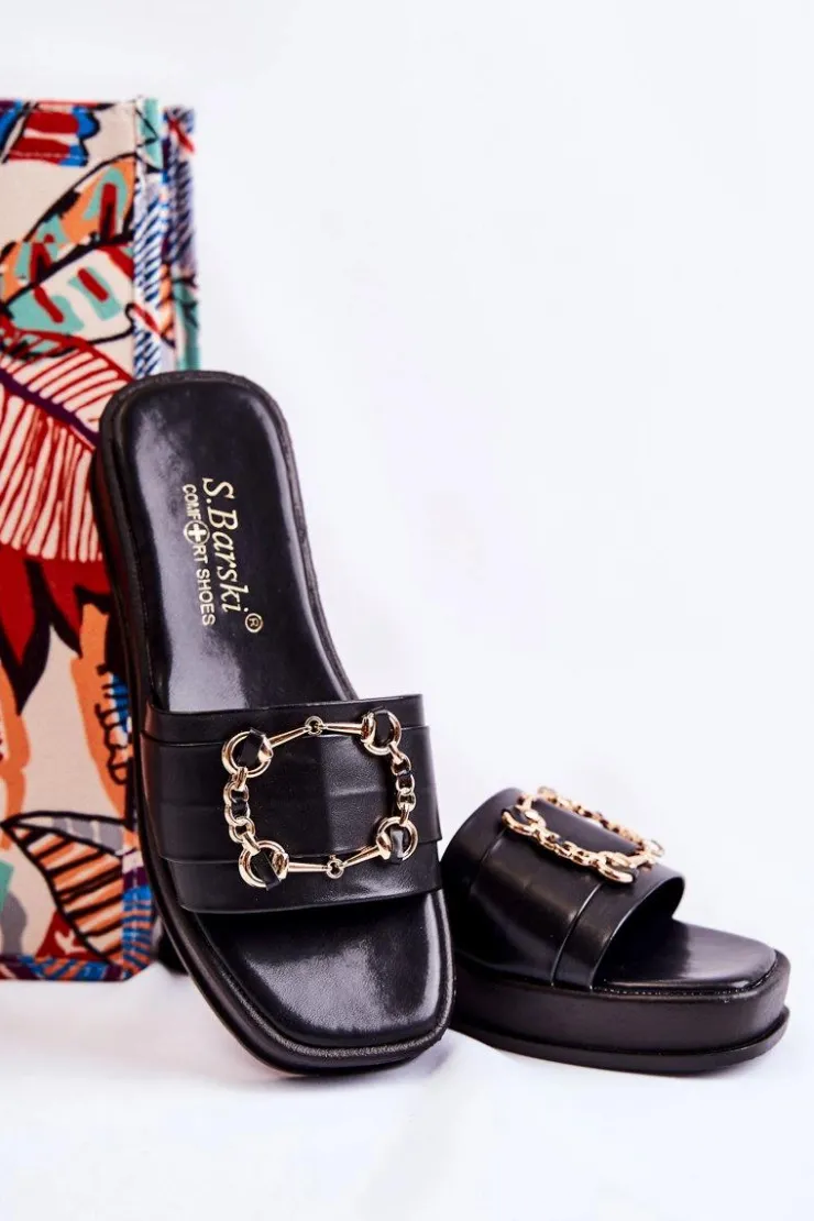 Damskie buty S.Barski Klapki Damskie Klasyczne*Damskie Modne Skórzane Klapki Czarne Adaline Czarny