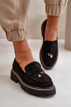 Sale Boto Damskie Mokasyny Eko Zamszowe Ze Zdobieniem Czarne Verindalle