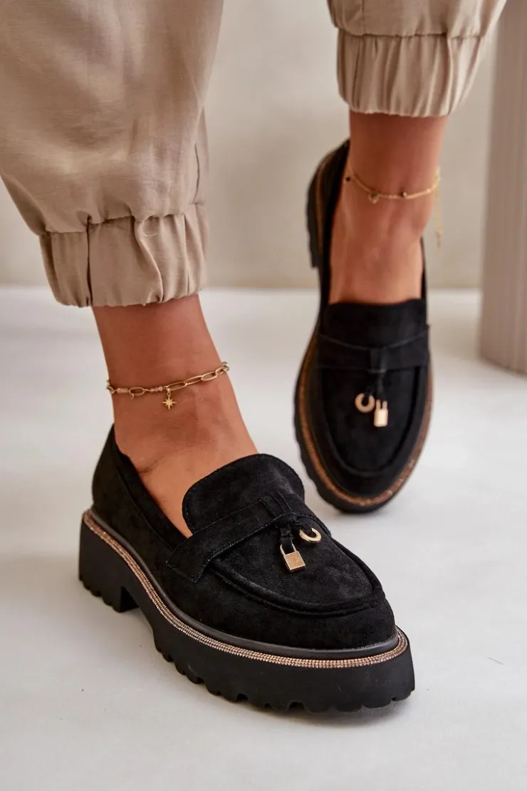 Sale Boto Damskie Mokasyny Eko Zamszowe Ze Zdobieniem Czarne Verindalle