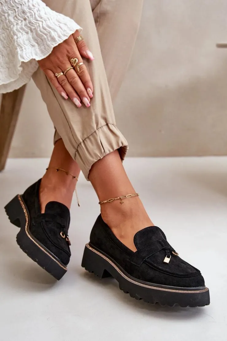 Sale Boto Damskie Mokasyny Eko Zamszowe Ze Zdobieniem Czarne Verindalle