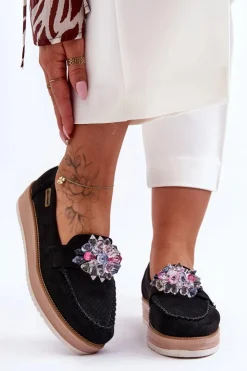 Boto Mokasyny Na Platformie|Mokasyny Damskie Zamszowe*Damskie Mokasyny Na Platformie Z Kamieniami Czarne Elonore