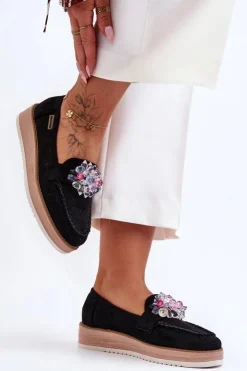 Boto Mokasyny Na Platformie|Mokasyny Damskie Zamszowe*Damskie Mokasyny Na Platformie Z Kamieniami Czarne Elonore