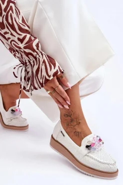 Damskie Boto Damskie Mokasyny Na Platformie Z Kamieniami Białe Elonore