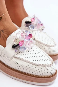 Damskie Boto Damskie Mokasyny Na Platformie Z Kamieniami Białe Elonore