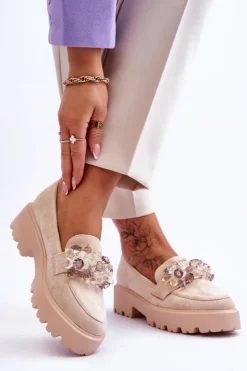 Damskie Boto Damskie Mokasyny Na Platformie Z Ozdobami Beżowe Brenda