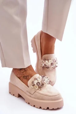 Damskie Boto Damskie Mokasyny Na Platformie Z Ozdobami Beżowe Brenda