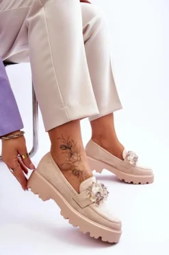 Damskie Boto Damskie Mokasyny Na Platformie Z Ozdobami Beżowe Brenda