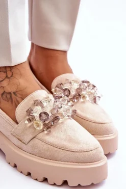 Damskie Boto Damskie Mokasyny Na Platformie Z Ozdobami Beżowe Brenda