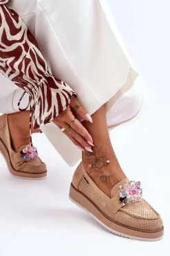 Outlet Boto Damskie Mokasyny Na Platformie Z Kamieniami Beżowe Elonore