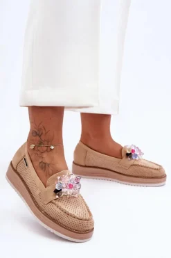 Outlet Boto Damskie Mokasyny Na Platformie Z Kamieniami Beżowe Elonore