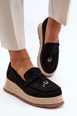 Damskie Boto Damskie Mokasyny Na Plecionej Podeszwie Czarne Torresia