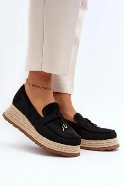 Damskie Boto Damskie Mokasyny Na Plecionej Podeszwie Czarne Torresia
