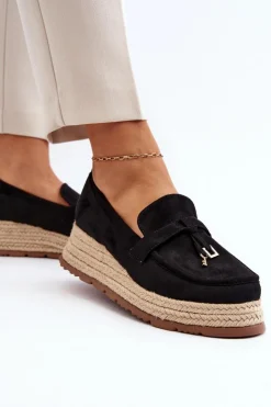 Damskie Boto Damskie Mokasyny Na Plecionej Podeszwie Czarne Torresia