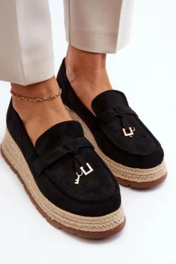 Damskie Boto Damskie Mokasyny Na Plecionej Podeszwie Czarne Torresia