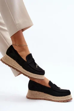 Damskie Boto Damskie Mokasyny Na Plecionej Podeszwie Czarne Torresia