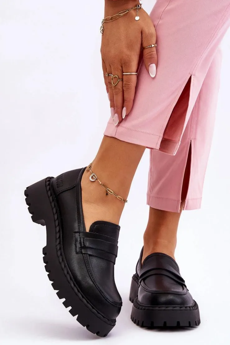 Big Star Shoes Półbuty Skórzane|Mokasyny Damskie Skórzane*Damskie Mokasyny Półbuty Skórzane Big Star LL274458 Czarne