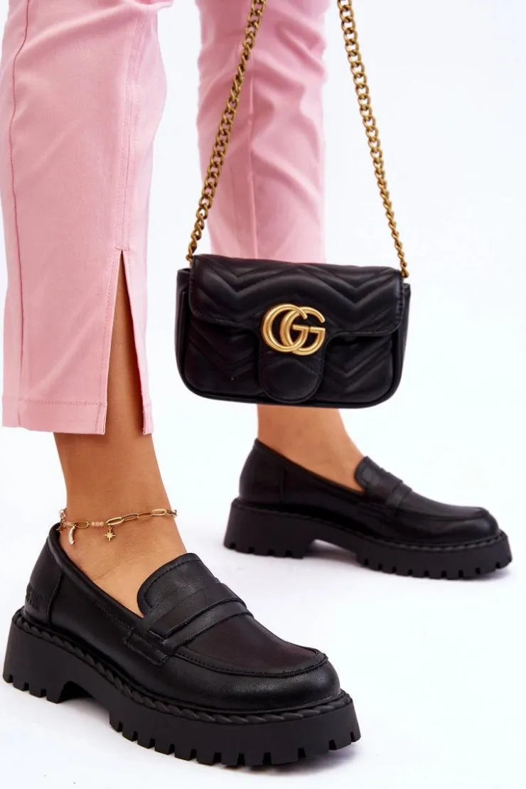 Big Star Shoes Półbuty Skórzane|Mokasyny Damskie Skórzane*Damskie Mokasyny Półbuty Skórzane Big Star LL274458 Czarne