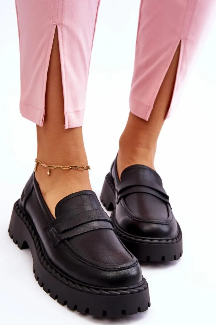 Big Star Shoes Półbuty Skórzane|Mokasyny Damskie Skórzane*Damskie Mokasyny Półbuty Skórzane Big Star LL274458 Czarne