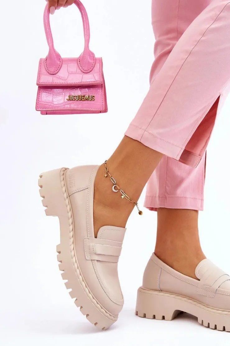 Hot Big Star Shoes Damskie Mokasyny Półbuty Skórzane Big Star LL274457 Beżowe