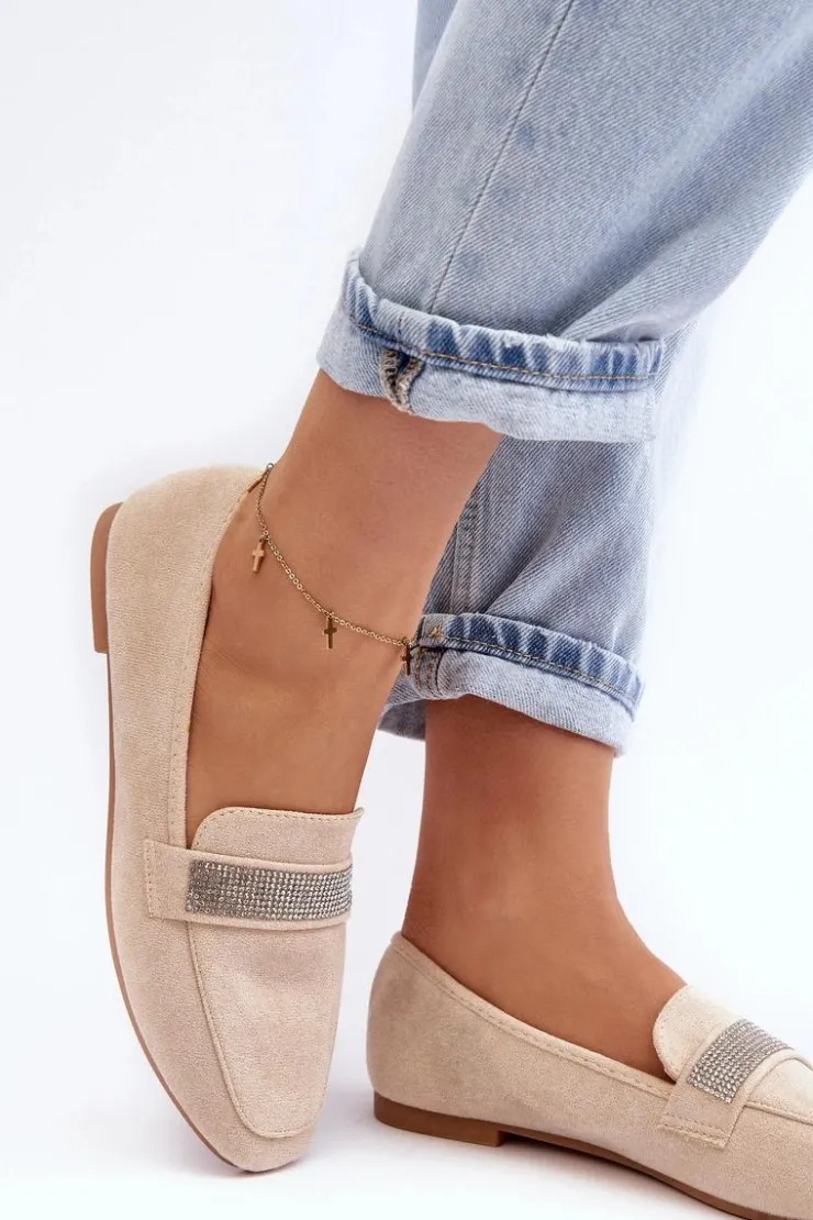 Damskie Boto Damskie Mokasyny Z Cyrkoniami Beżowe Ralrika