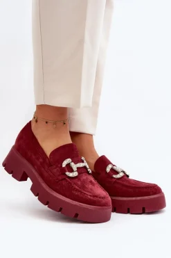 Discount Boto Damskie Mokasyny Z Ozdobą Bordowe Ellise