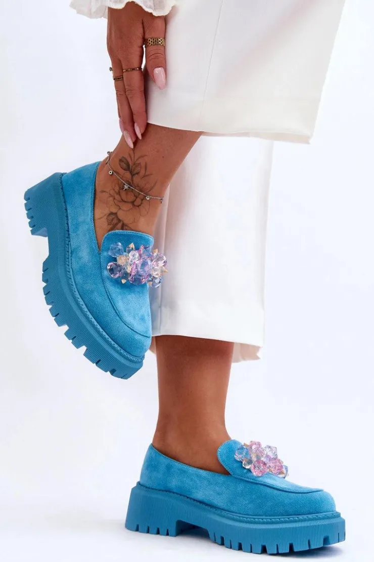 Damskie Boto Damskie Mokasyny Z Ozdobnymi Kryształami Niebieskie Avril