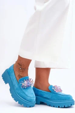 Damskie Boto Damskie Mokasyny Z Ozdobnymi Kryształami Niebieskie Avril