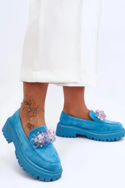 Damskie Boto Damskie Mokasyny Z Ozdobnymi Kryształami Niebieskie Avril