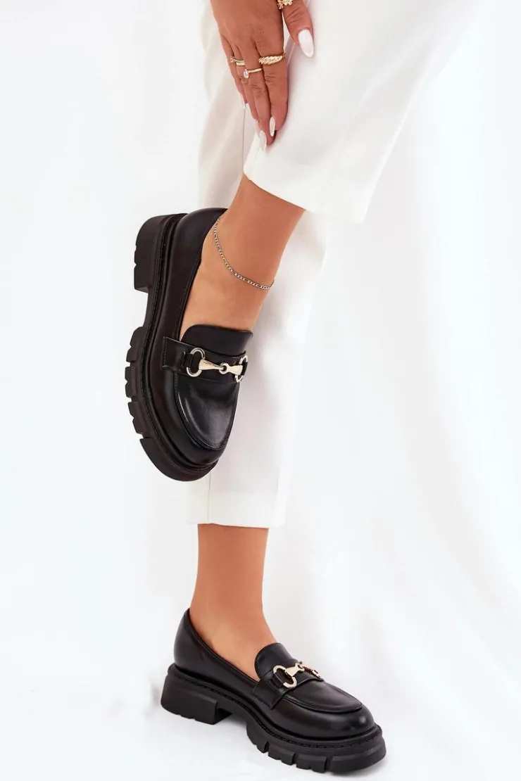 Boto Mokasyny Płaskie|Mokasyny Damskie Skórzane*Damskie Mokasyny Ze Złotym Detalem Eko Skórzane Czarne Gemitha