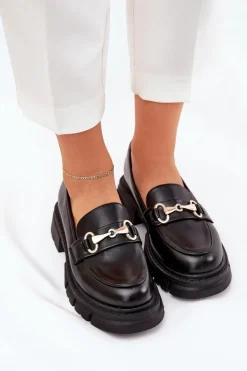 Boto Mokasyny Płaskie|Mokasyny Damskie Skórzane*Damskie Mokasyny Ze Złotym Detalem Eko Skórzane Czarne Gemitha