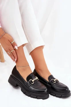 Boto Mokasyny Płaskie|Mokasyny Damskie Skórzane*Damskie Mokasyny Ze Złotym Detalem Eko Skórzane Czarne Gemitha