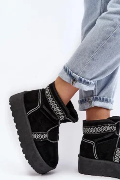 Outlet Boto Damskie Śniegowce Na Grubej Podeszwie Z Wiązaniem Czarne Milson