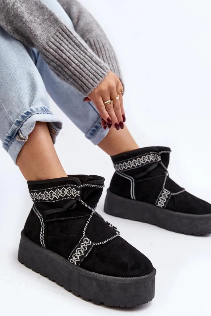 Outlet Boto Damskie Śniegowce Na Grubej Podeszwie Z Wiązaniem Czarne Milson