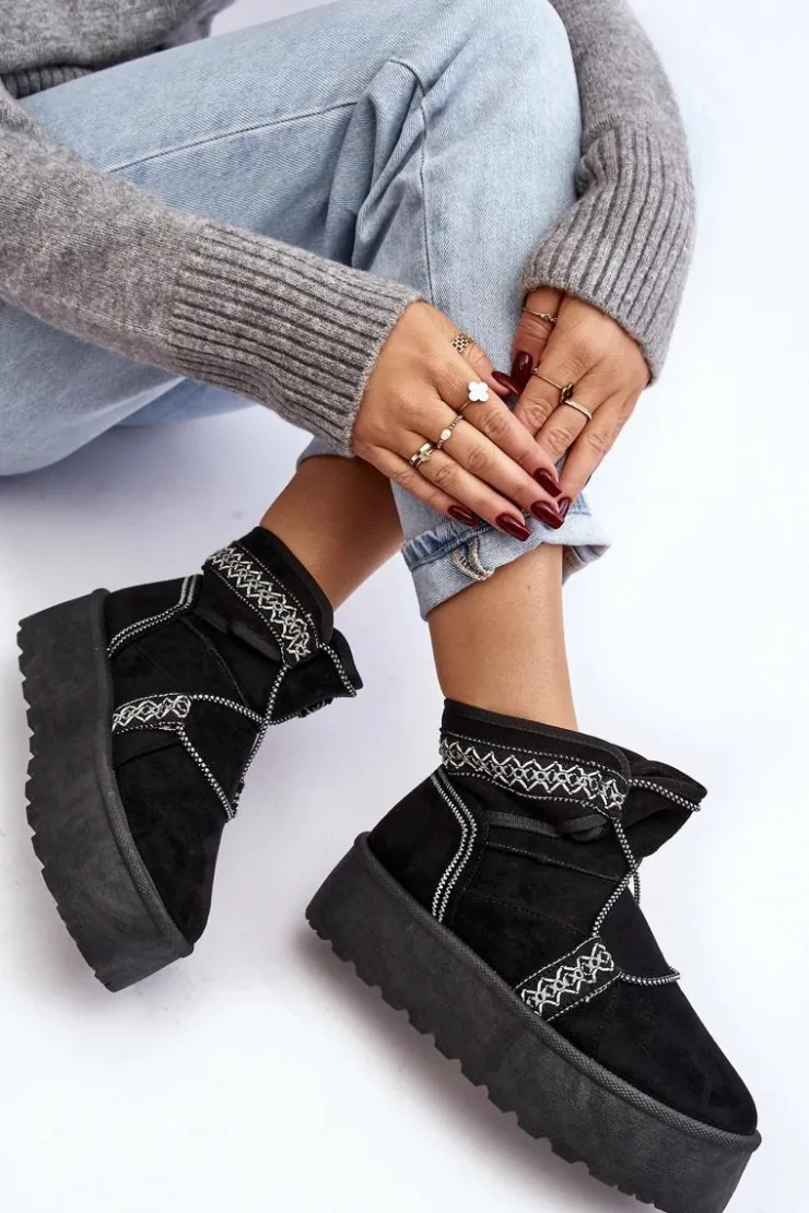 Outlet Boto Damskie Śniegowce Na Grubej Podeszwie Z Wiązaniem Czarne Milson