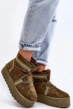 Boto Śniegowce Damskie*Damskie Śniegowce Na Grubej Podeszwie Z Wiązaniem Zielone Milson