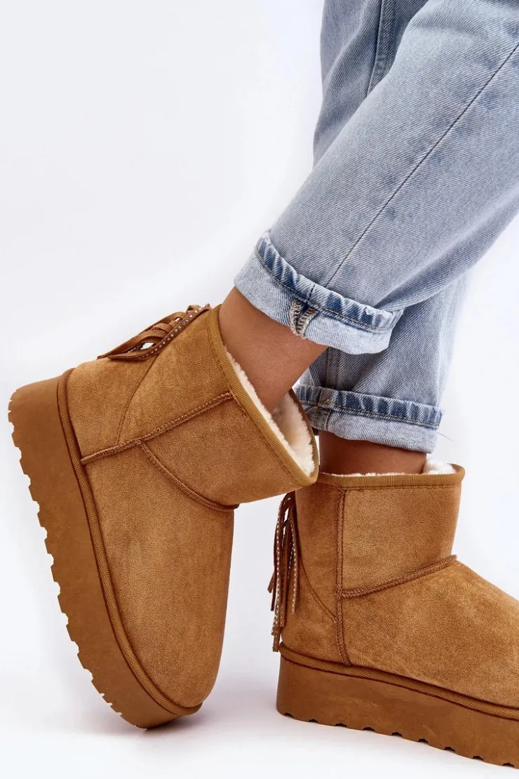 Damskie Boto Damskie Śniegowce Na Masywnej Platformie Z Frędzlami Camel Lirico