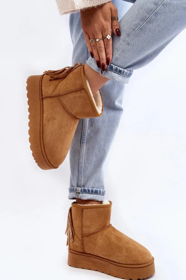 Damskie Boto Damskie Śniegowce Na Masywnej Platformie Z Frędzlami Camel Lirico