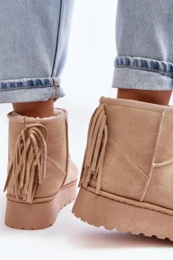 Outlet Boto Damskie Śniegowce Na Masywnej Platformie Z Frędzlami Beżowe Lirico