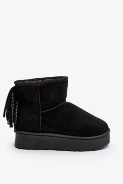 Boto Śniegowce Damskie*Damskie Śniegowce Na Masywnej Platformie Z Frędzlami Czarne Lirico