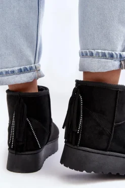 Boto Śniegowce Damskie*Damskie Śniegowce Na Masywnej Platformie Z Frędzlami Czarne Lirico