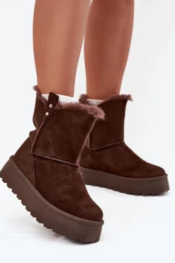 Damskie Boto Damskie Śniegowce Na Platformie Z Futerkiem Czekoladowe Evelira