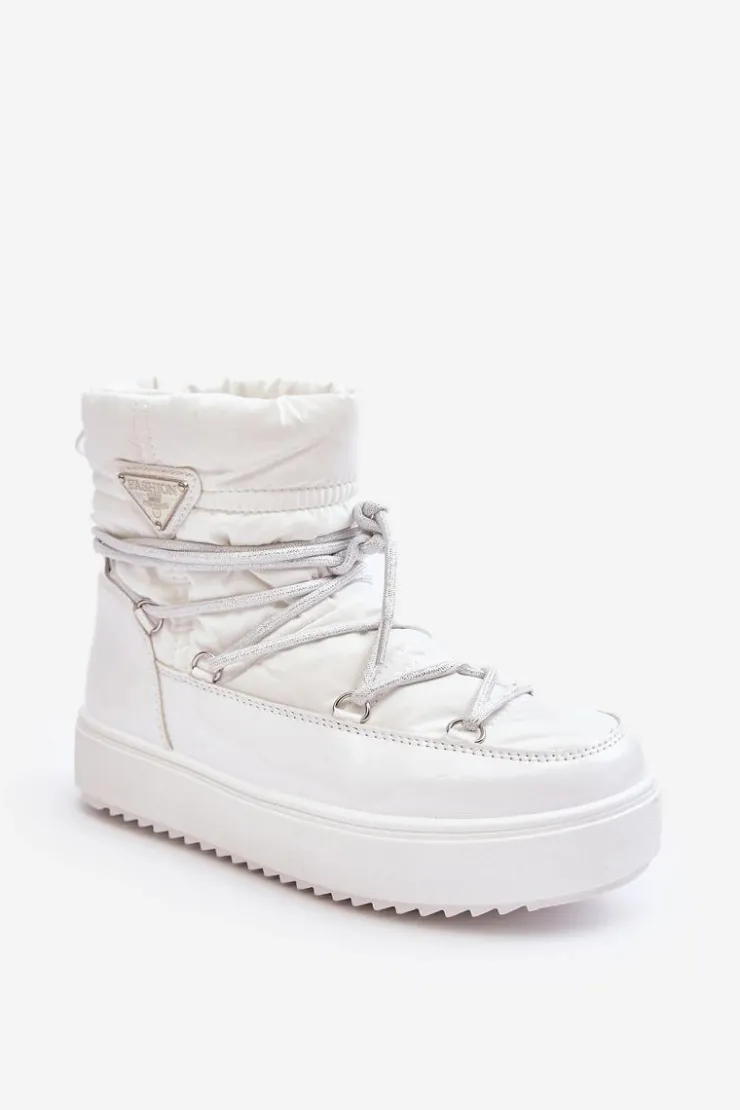 Clearance Boto Damskie Śniegowce Na Platformie Z Wiązaniem Białe Fleure Biały