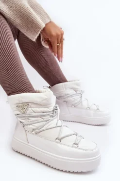 Clearance Boto Damskie Śniegowce Na Platformie Z Wiązaniem Białe Fleure Biały