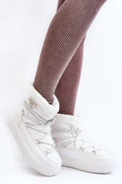 Clearance Boto Damskie Śniegowce Na Platformie Z Wiązaniem Białe Fleure Biały