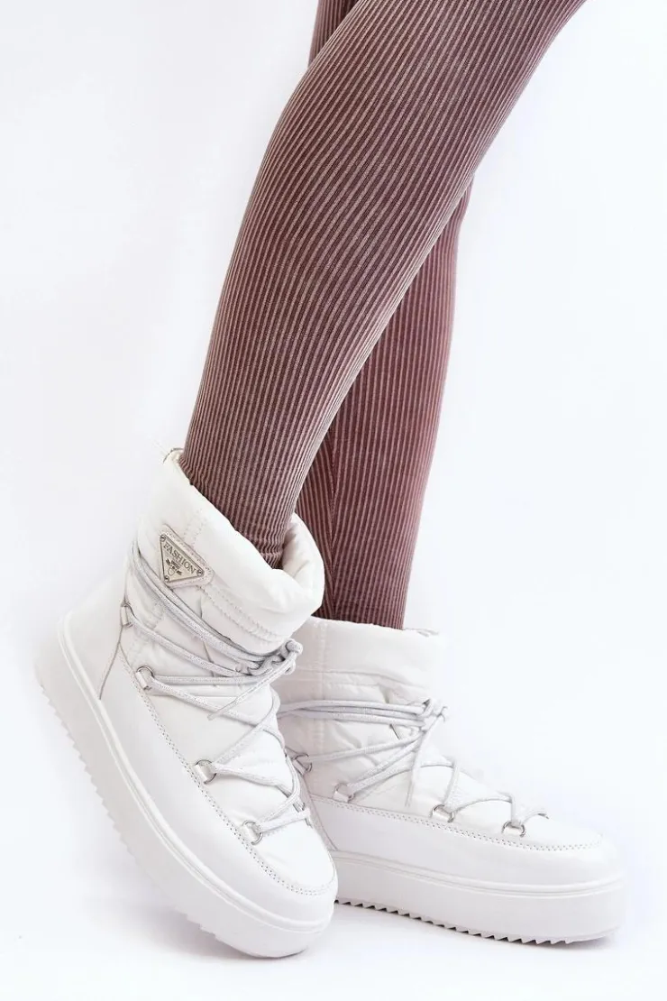 Clearance Boto Damskie Śniegowce Na Platformie Z Wiązaniem Białe Fleure Biały